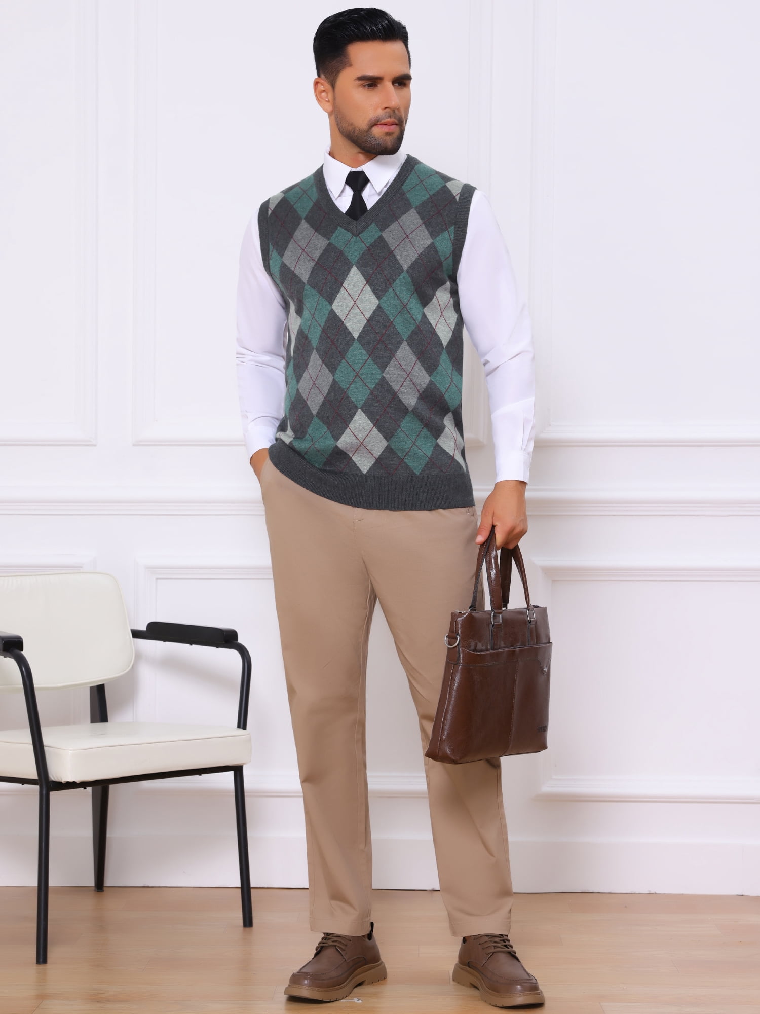 DARING DIVA Men's Casual Knit Sleeveless V-Neck Plaid Argyle Sweater Vest M Dark Gray