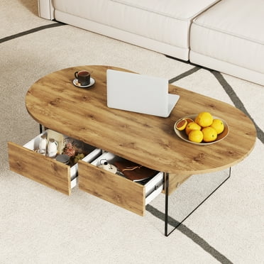 Hassch 43.3" Oval Coffee Table with 2 Drawers and Tempered Glass Legs, Modern Wood Center Table for Living Room Home Office, Natural