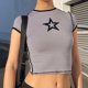 thumbnail image 2 of Blusa de manga corta con patrón en forma de estrella, blusa corta y ajustada a la moda para mujer, dama, citas, gris, M, 2 of 6