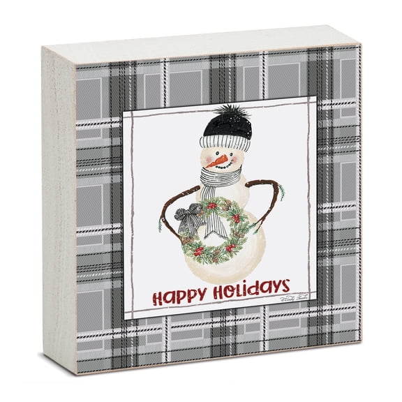Highland Home "Happy Holidays Snowman" Freestanding Solid Wood Block Sign