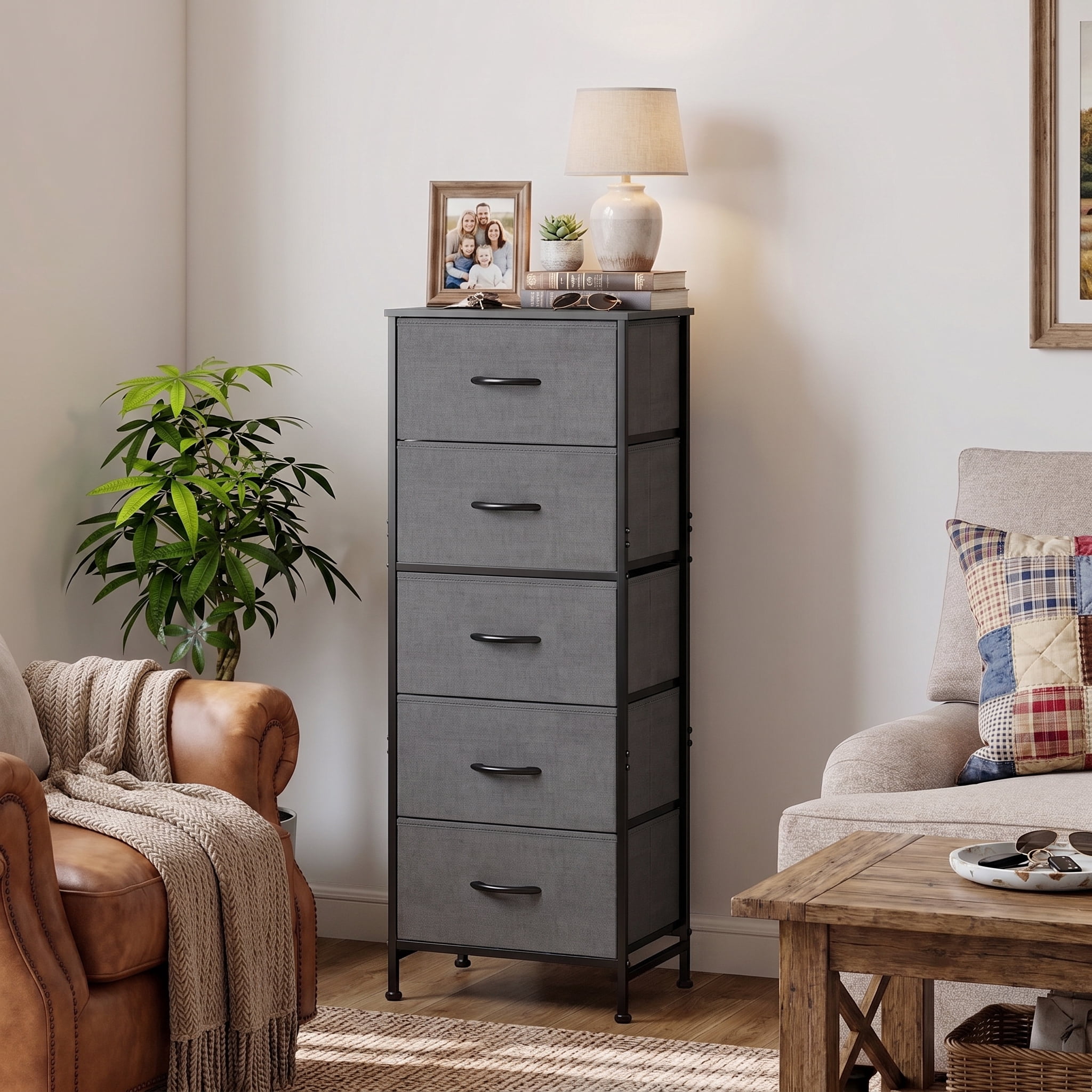 TrumanPick Fabric Storage Drawer Bedroom Dresser, Tall Dresser for Closet, 5 Fabric Dresser with 5 Storage Drawers for Clothes, Living Room, Hallway, Entryway, Gray