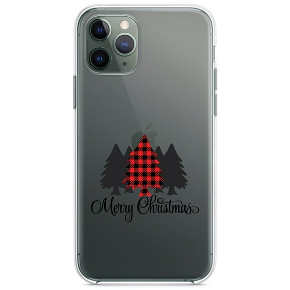 DistinctInk Clear Shockproof Hybrid Case for iPhone 12 MINI (5.4" Screen) - TPU Bumper Acrylic Back Tempered Glass Screen Protector - Merry Christmas Plaid Tree