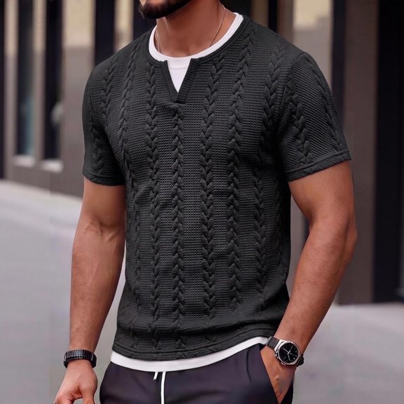 Mens False Two-Piece Polo Shirt Textured Knit Button Casual Short Sleeve Tops Summer Vacation Beach Stretchy Golf Shirts Black L