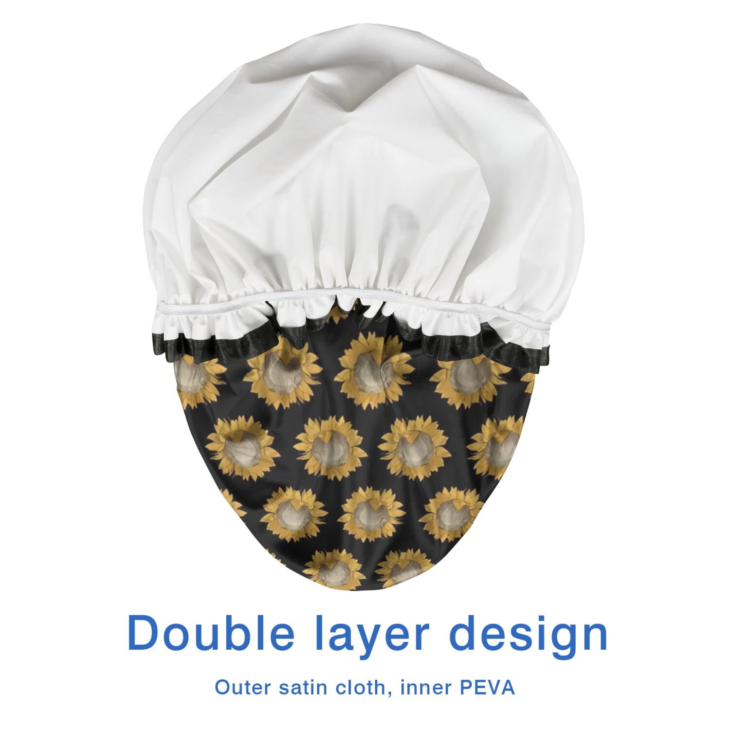 Shower Caps,Black Yellow Sunflower Pattern Waterproof Shower Cap for Women 4 Pieces,Double Reusable Hair Cover for Shower PEVA Elastic Stretch Hem