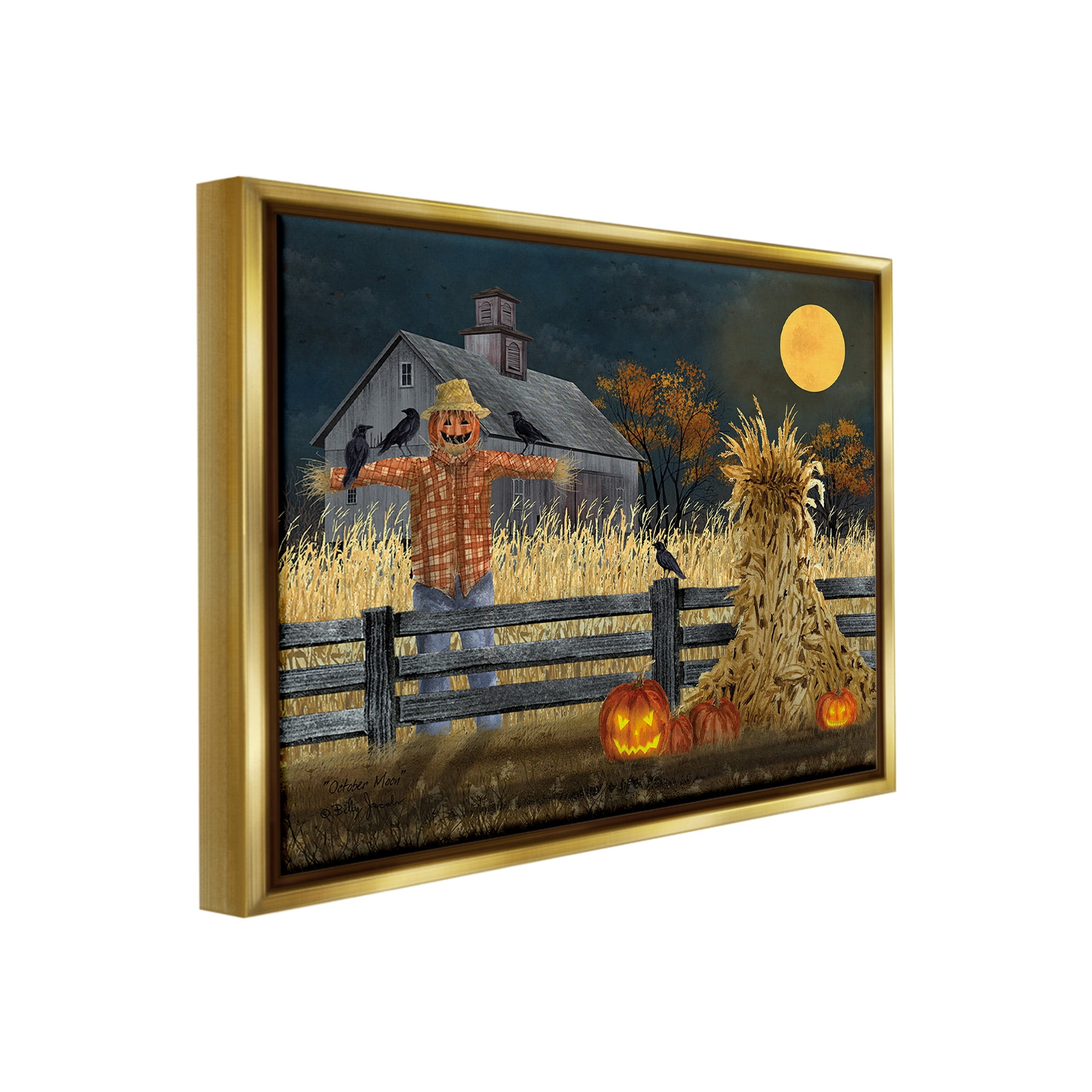 Stupell Industries Scarecrow Farm Landscape Holiday Painting Gold Floater Framed Canvas Art Print Wall Art, 21 x 17