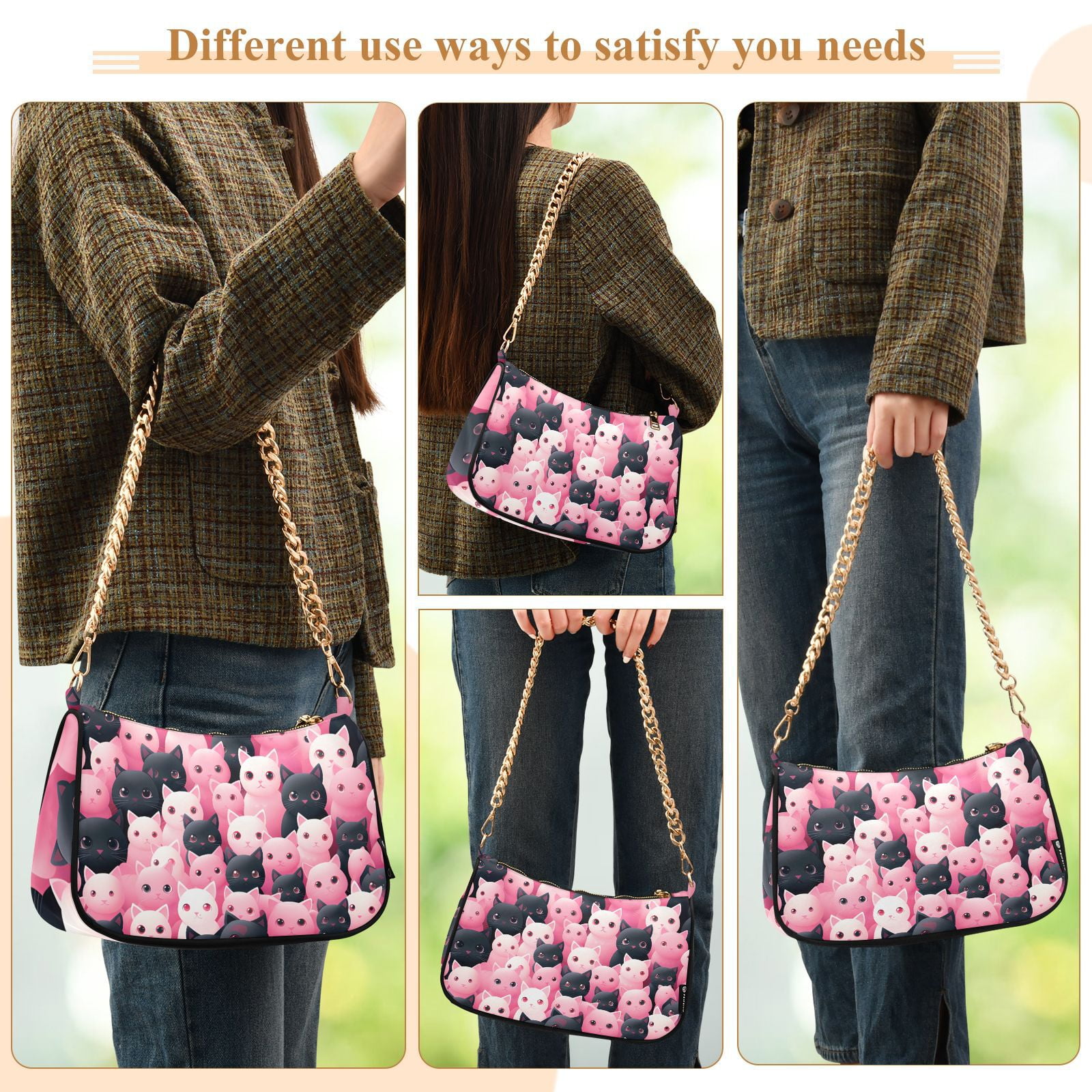 Cats Black Pink CartoonWomen Small Shoulder Bag Crossbody Tote Hobo Bags Purse Clutch Handbags with Chain Strap for Women