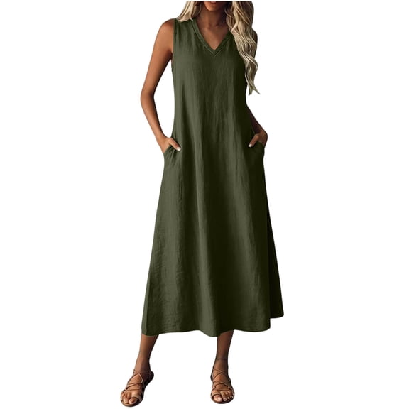 Lmueinov Women's Cotton-Linen Blend V Neck Sleeveless Maxi Dress, Casual Loose Beach Vacation Long Dress with Pockets S-2XL