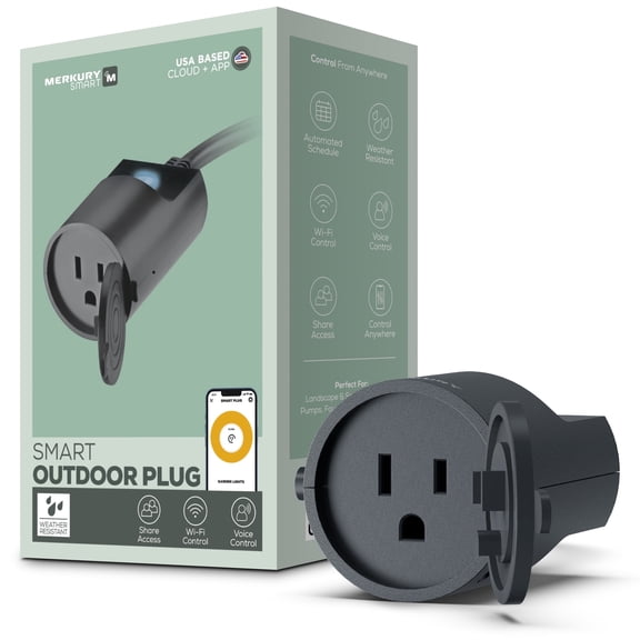 Merkury Outdoor Smart Plug - Smart Outlet, IP65 Weather-Resistant, Alexa Compatible, Remote Control, No Hub Needed - Ideal for Lights and Devices, ETL Certified Black