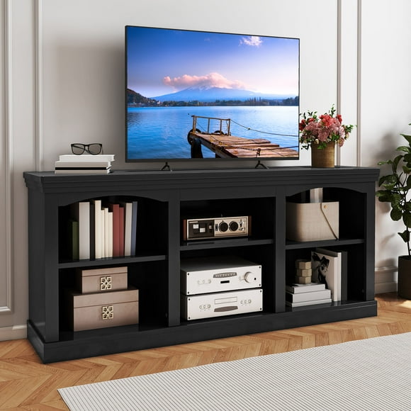 DEXTRUS 70" Farmhouse TV Stand with 6 Shelves for TVs up to 80", Entertainment Centre with Adjustable Shelves and Storage Cabinets, Black