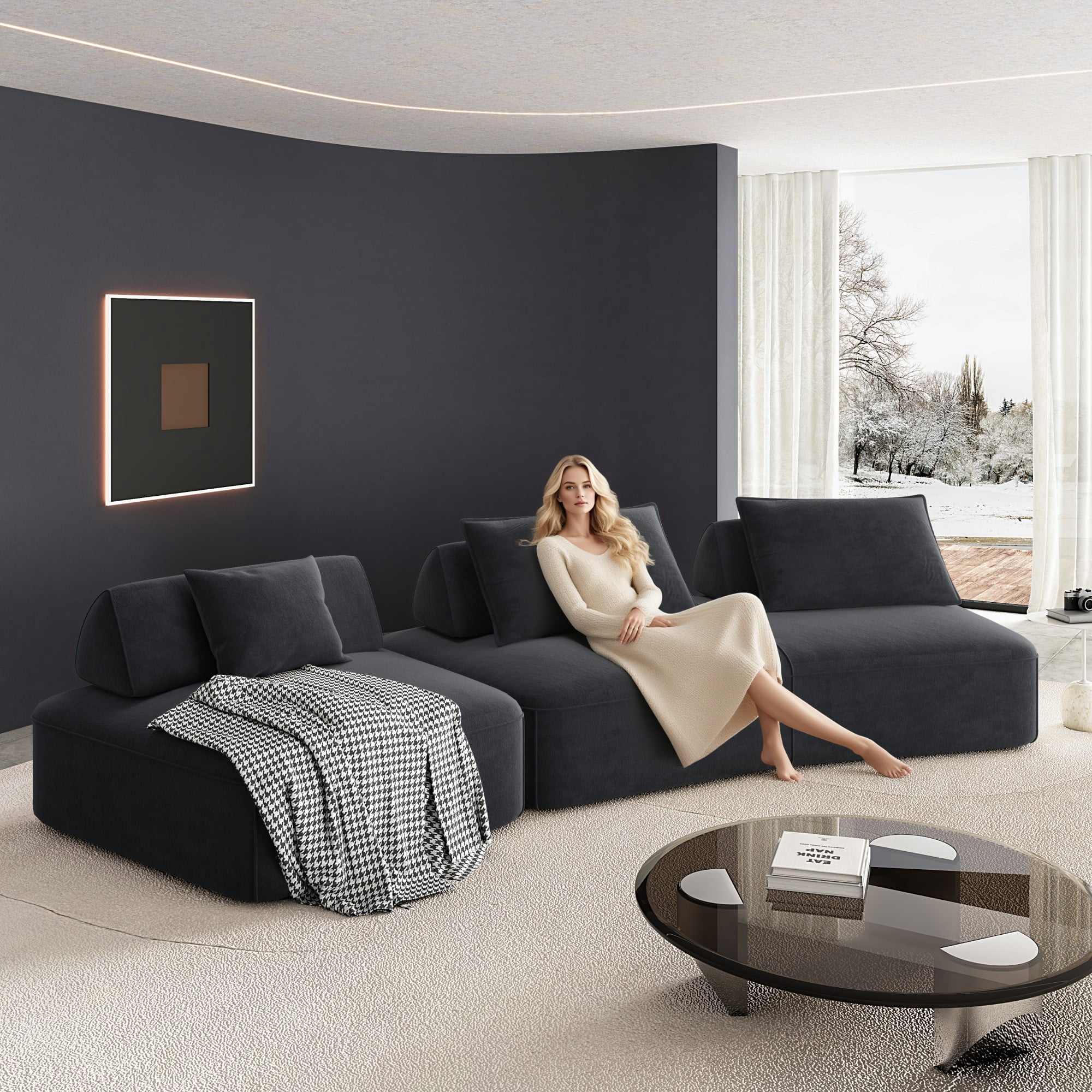 avobird 139" Modern Light Luxury Oversized Modular Sectional Sofa,Chenille Sofa with Removable Backrests and Soft Throw Pillows,Deep-Seated Sofa Suitable for Living Rooms and Offices,Dark Gray