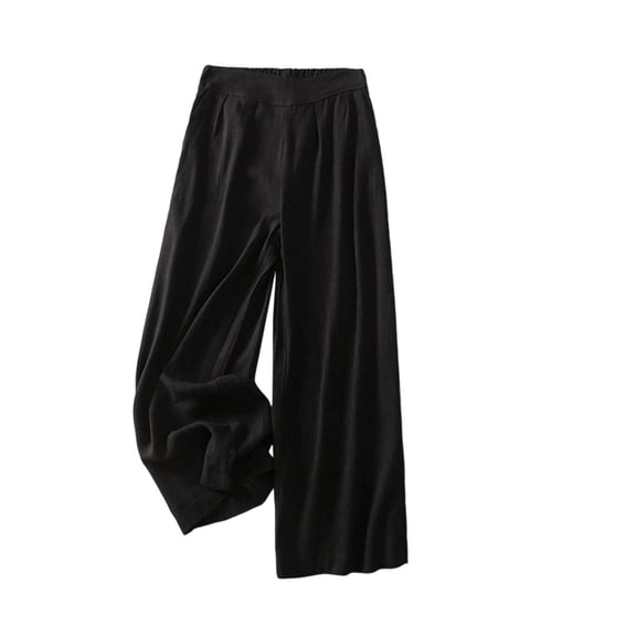 ClodeEU Women's Elastic Waist Wide Leg Linen Pants,Casual Loose Breathable Summer Trousers Black,Women's Plus L