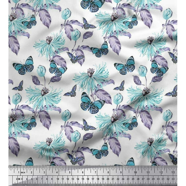 Soimoi Tissu en Velours Bleu Feuilles, Insectes & Imprimé Floral Vert au Mètre 58 Pouces de Large