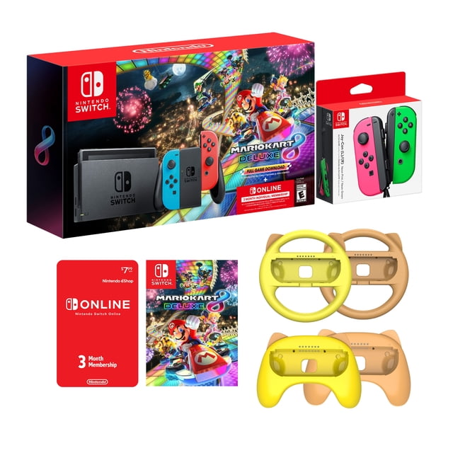 Nintendo Switch Mario Kart 8 Neon Multiplayer Racing Bundle: Red Blue JoyCon Console, Mario Kart 8 Deluxe & Online Membership, Mytrix Wheels & Grips 4 Pcs, Additional Pink/Green JoyCons Nintendo Nintendo Switch