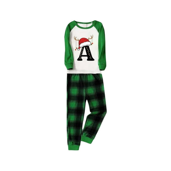 Family Christmas Pajamas Matching Sets Graphic Alphabet Letter Printed Crewneck Long Sleeve Shirts with Plaid Pants Outfits Green Kids 5-6 Years