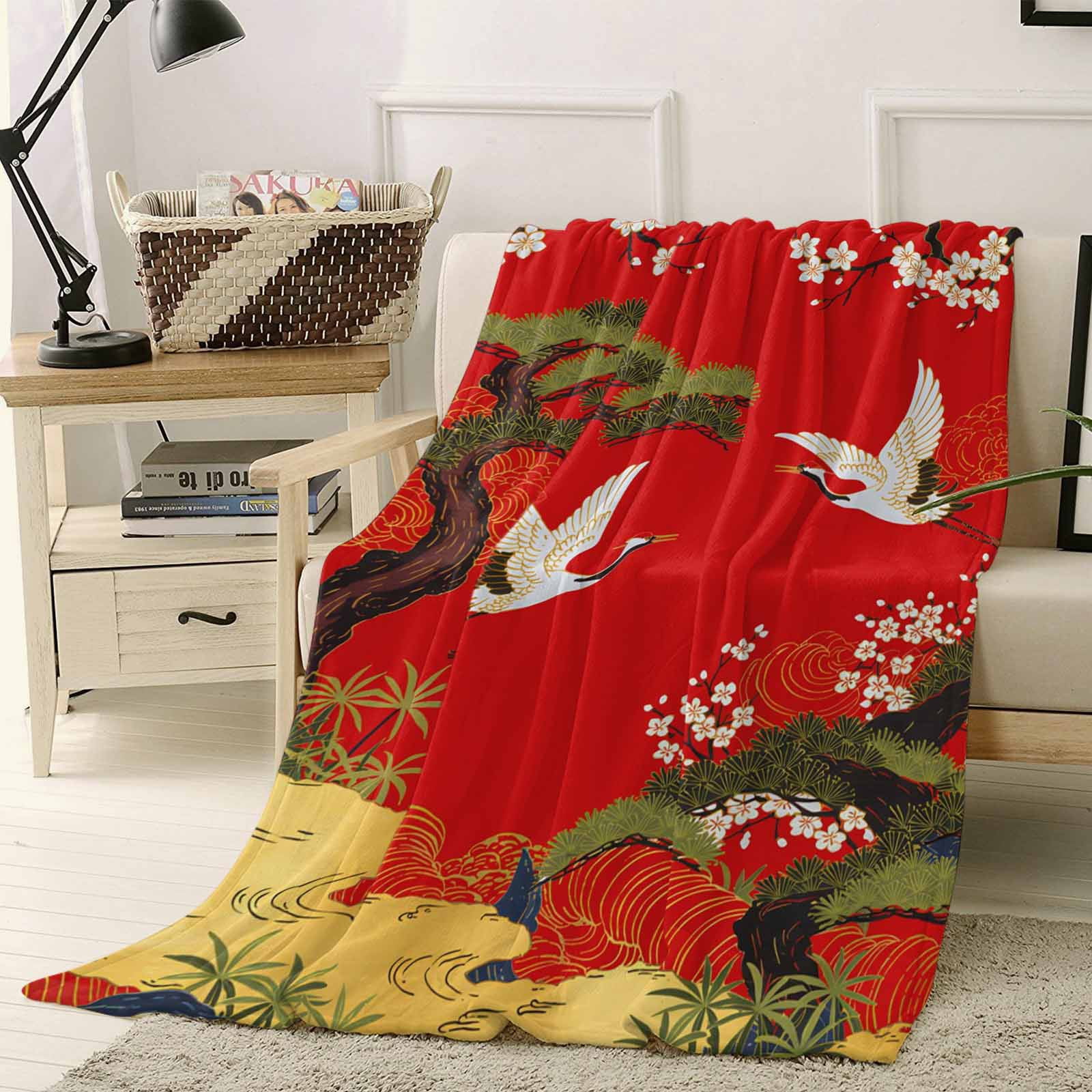 Throw Blanket Fleece Throw Blanket 50x60in, Retro Crane Pine Flower on Red Soft Lightweight Bed Blankets Asian Chinese Pastoral Scenic Fuzzy Couch Blankets for All Season