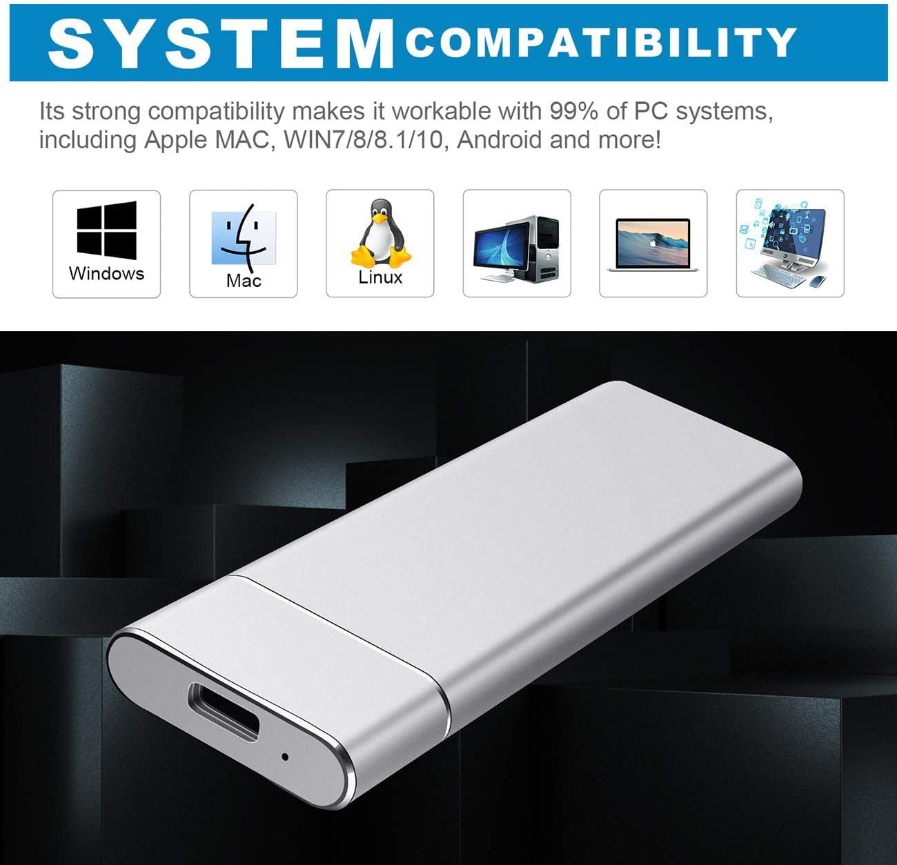 Laptop PC Portable Hard Drive External 1TB 2TB Ultra Slim External USB 3.0 Hard Drive for Mac 1TB, Silver