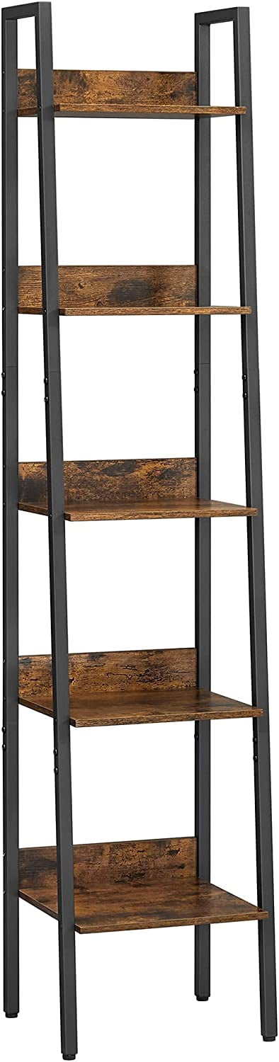 Adjustable Rustic Brown 5-Tier Ladder Shelf Bookcase
