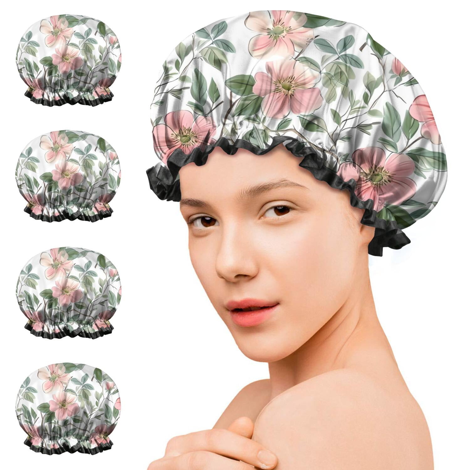 Shower Caps,Pioneer Flower Floral Print Pattern Waterproof Shower Cap for Women 4 Pieces,Double Reusable Hair Cover for Shower PEVA Elastic Stretch Hem