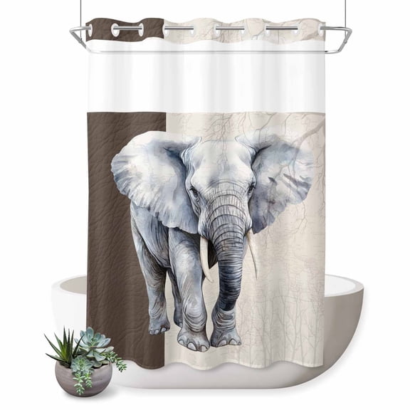No Hook Shower Curtain with Built-in Rings - Retro Watercolor Washable Waterproof Fabric Bathroom Curtains for Hotel,Rentals, Stall 48 X 72 Inch , Elephant Ivory Texture Gray Brown
