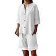 thumbnail image 3 of Jinhomg Shorts Sets Women 2 Piece Outfits Cotton Linen Short Sleeve Shorts Lounge Wear Buttons Down V Neck Tracksuits White,M, 3 of 7