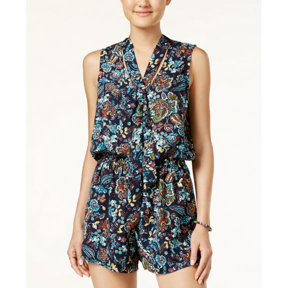 Be bop Womens Juniors Printed Tie-Neck Romper Jumpsuit,Navy/Multi,S