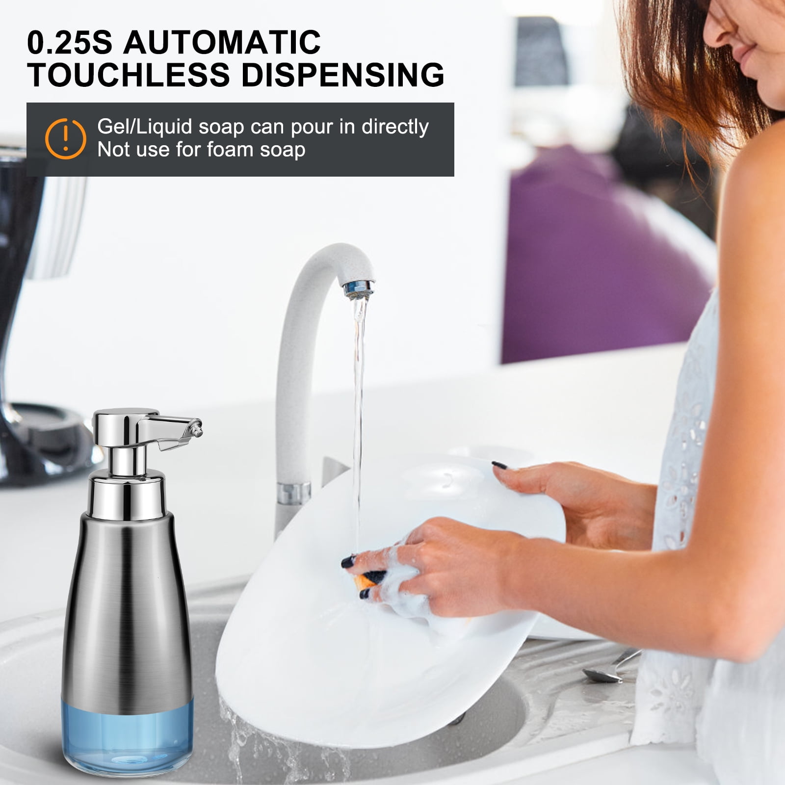 Blancel Automatic Soap Dispenser Liquid Touchless Stainless Steel 3 Level Adjustable Silver Rechargeable Electric Bathroom Kitchen Hand Dish Lotion