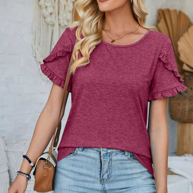 Fankiway T-Shirt Imprimé Mode Femme Manches 3/4 Blouse Col Rond Hauts Décontractés Manches Courtes Hauts Femme Liquidation Chemises Femme Manches Courtes