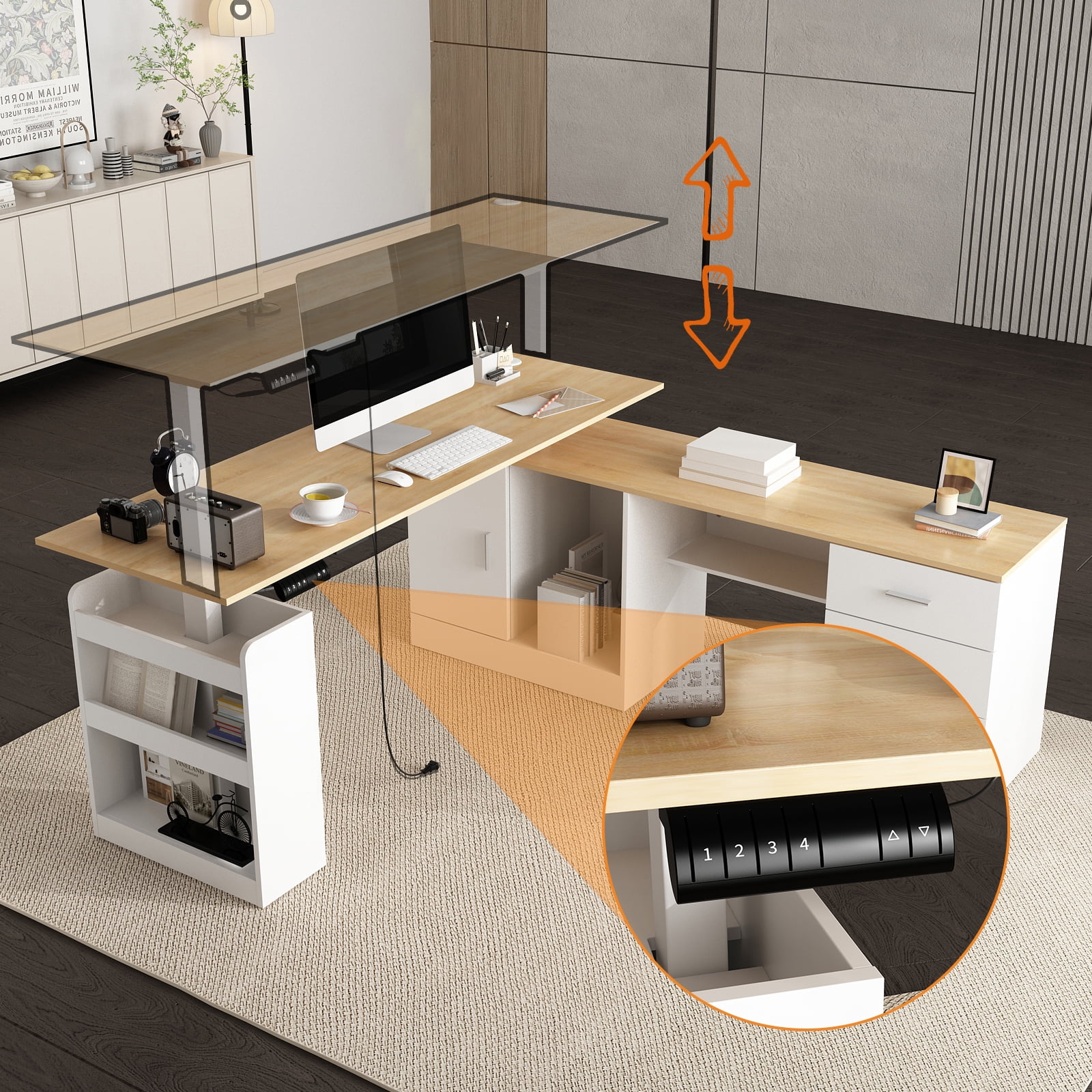 KULAGAGA Electric Standing Desk with Drawers and Shelves, Executive Adjustable Height Desk, L-Shaped Design, 63 inch Tabletop, for Office Deep Oak & White