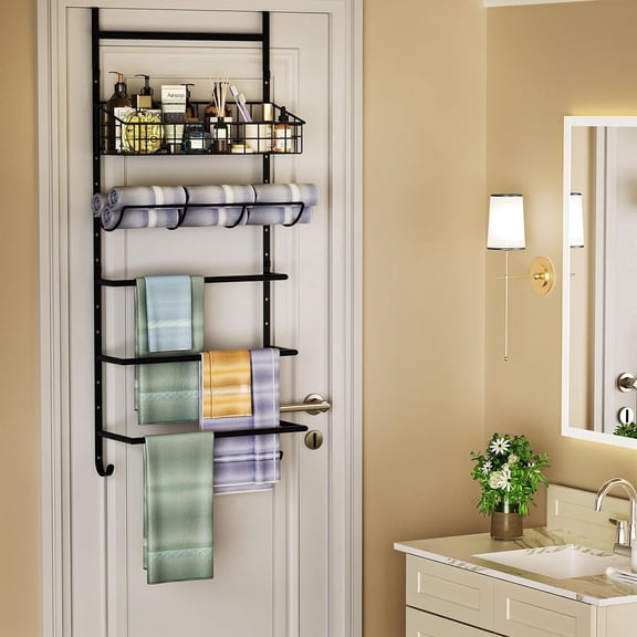 XCOSRACK 5-Tier Over The Door Towel Rack with Storage Basket, Adjustable Wall Mounted Bathroom Towel Holder Organizer, Detachable Rustproof Metal Hanger for Bath Towels, Clothes & Toiletries
