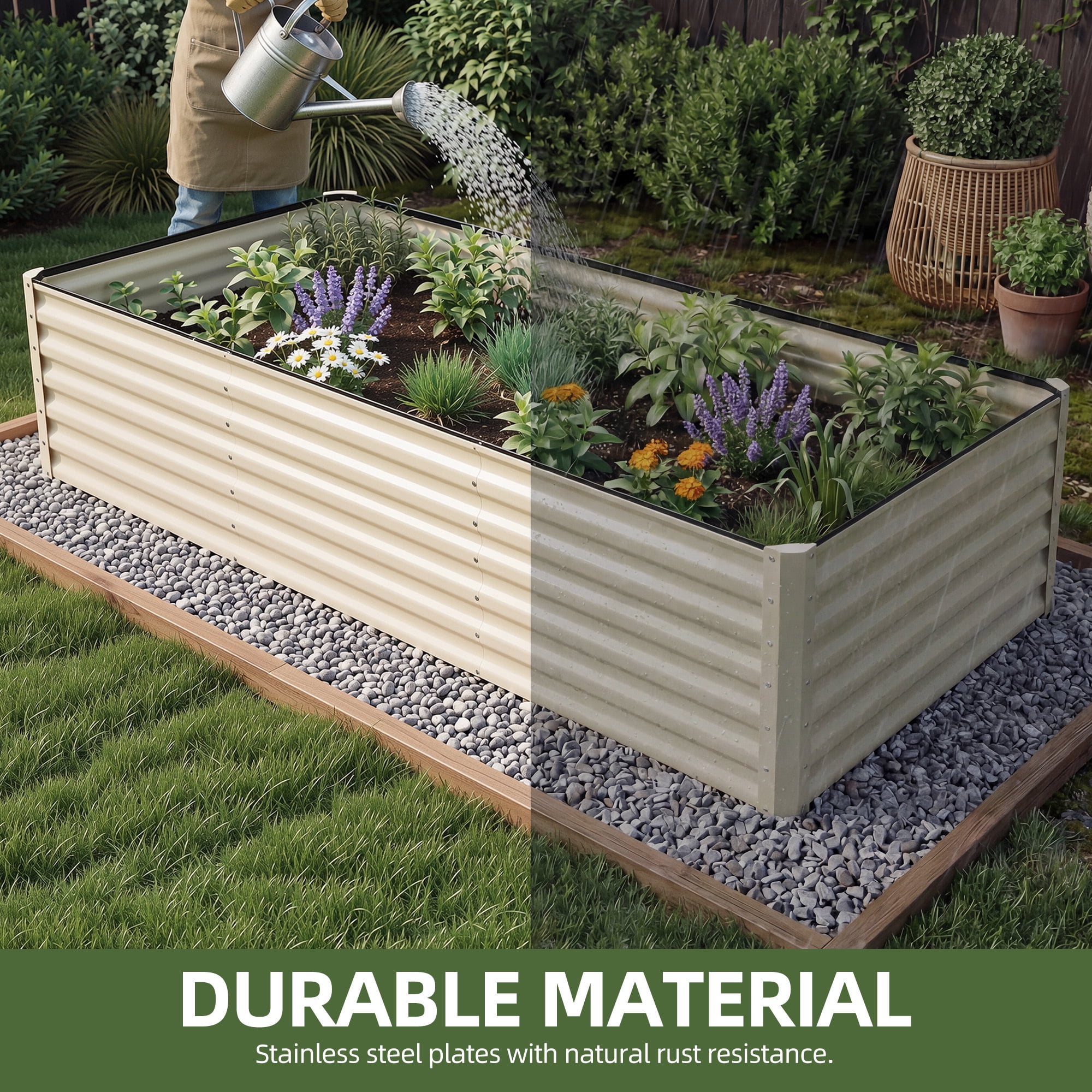 Uforic Galvanized Raised Garden Bed Kit, Metal Planter Box with Gloves, Metal Raised Garden Beds for Vegetables,Cream,8x4x2ft