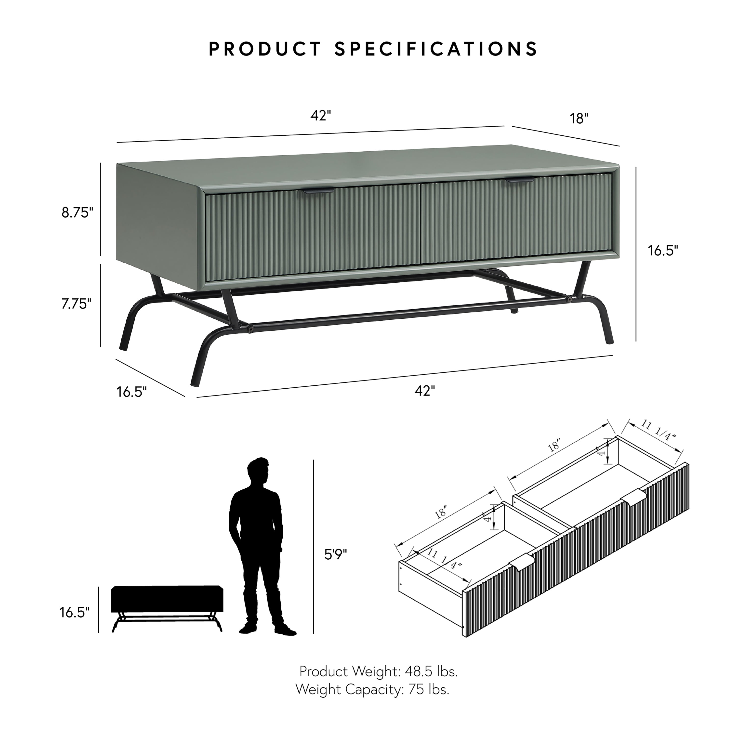 Furniture of America Estee 2-Drawer Wood Sage Green Coffee Table