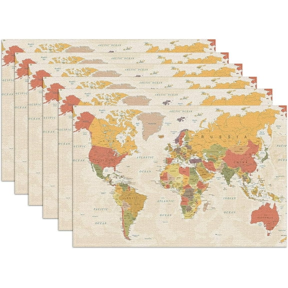 World Map Placemats Set of 6, Linen Place Mat Washable Stain Resistant Table Mats for Farmhouse Kitchen Dining Holiday Party Wedding Decor 12x18 Inch