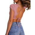 thumbnail image 3 of Arvbitana S-XL Women Short Sleeve Crop Tops Solid Color Cross Tie-Up Backless Crew Neck Slim Fit T-Shirts Summer Shirts Blouse, 3 of 4