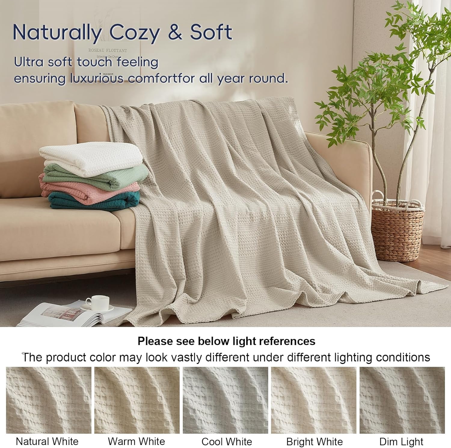 PHF Ultra Soft Waffle Weave Blanket King Size for Bed, Lightweight and Breathable Blanket, Perfect for Hot Sleepers, 104"x 90", Natural
