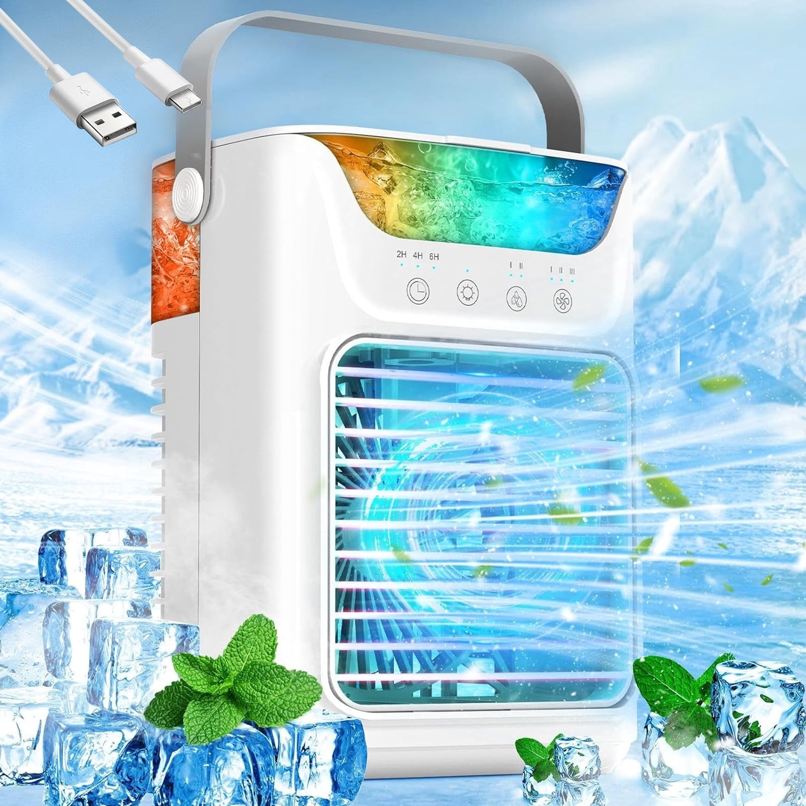 Mini Portable Air Conditioner, Evaporative Air Cooler,Personal Air Cooling Fan and Humidifier with 3 Speeds 7 Colors for Room & Office Desk Outdoors Travel, White