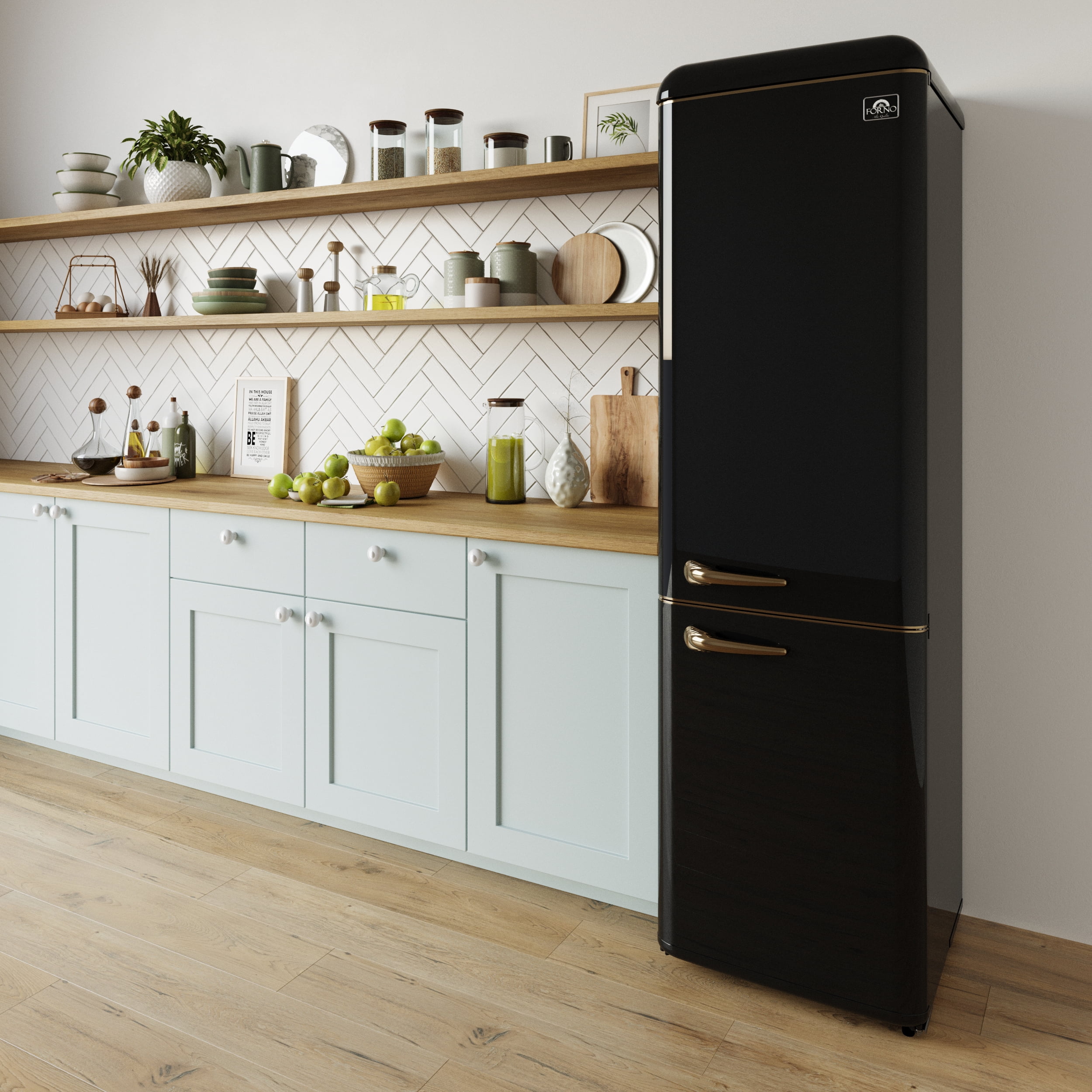 Forno Storico 22-Inch Retro bottom freezer Fridge in Black, 9 cu.ft, copper-tone handle