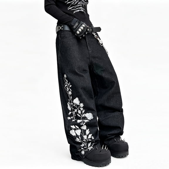 Mrmall Punk Jeans Men With Floral Embroidered Wide‑Leg Pants Black Washed Baggy Floor‑Length Streetwear Denim