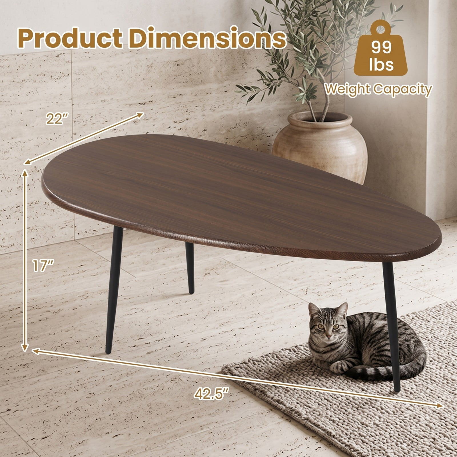 Furnibear Oval Coffee Table Mid Century Center Table with Sturdy Metal Frame, Open Storage Shelf & Adjustable Foot Pads for Living Room, Hallway & Lounge, Walnut