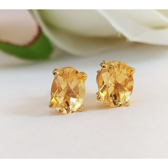 Natural Golden Citrine Oval Cut Stud Earrings 925 Solid Sterling Silver Solitaire Earrings - Stud Earrings For Women
