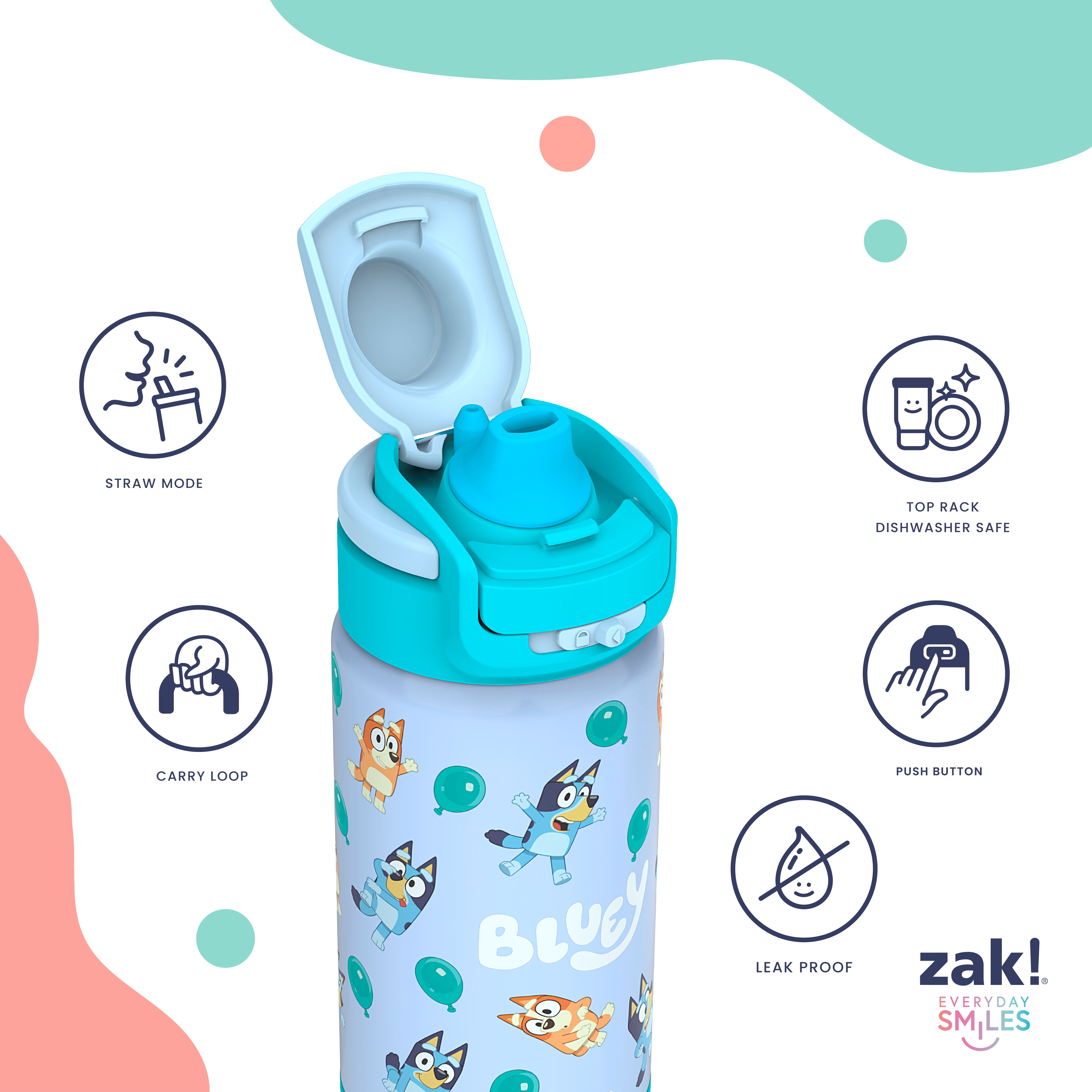 Zak Designs 14oz Bluey Kids Straw Water Bottle, Stainless Zak Designs 14oz Bluey Kids Straw Water Bottle, Stainless