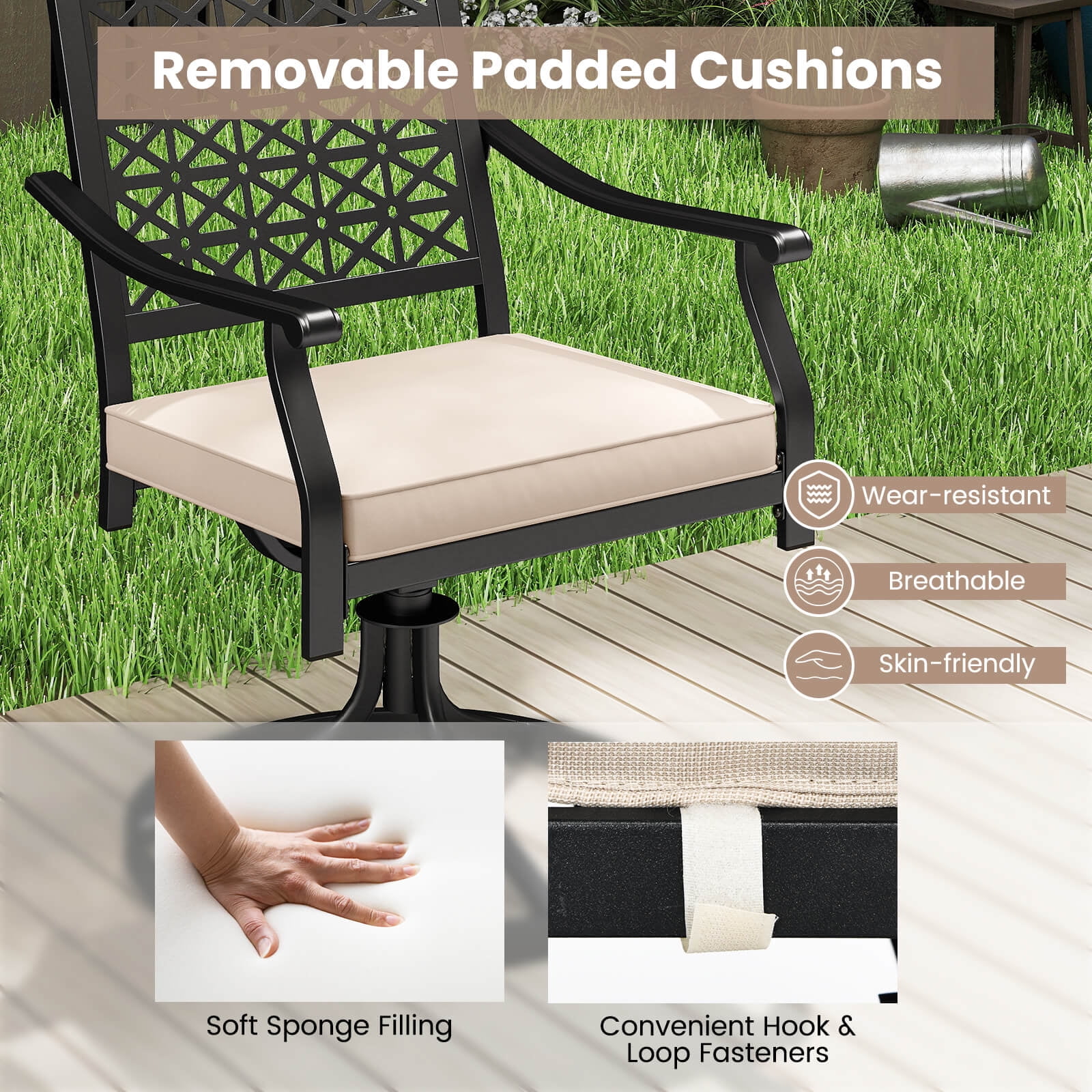 Costway 4 PCS Outdoor Swivel Chairs Patio Dining Chairs with Padded Cushions High Back Beige