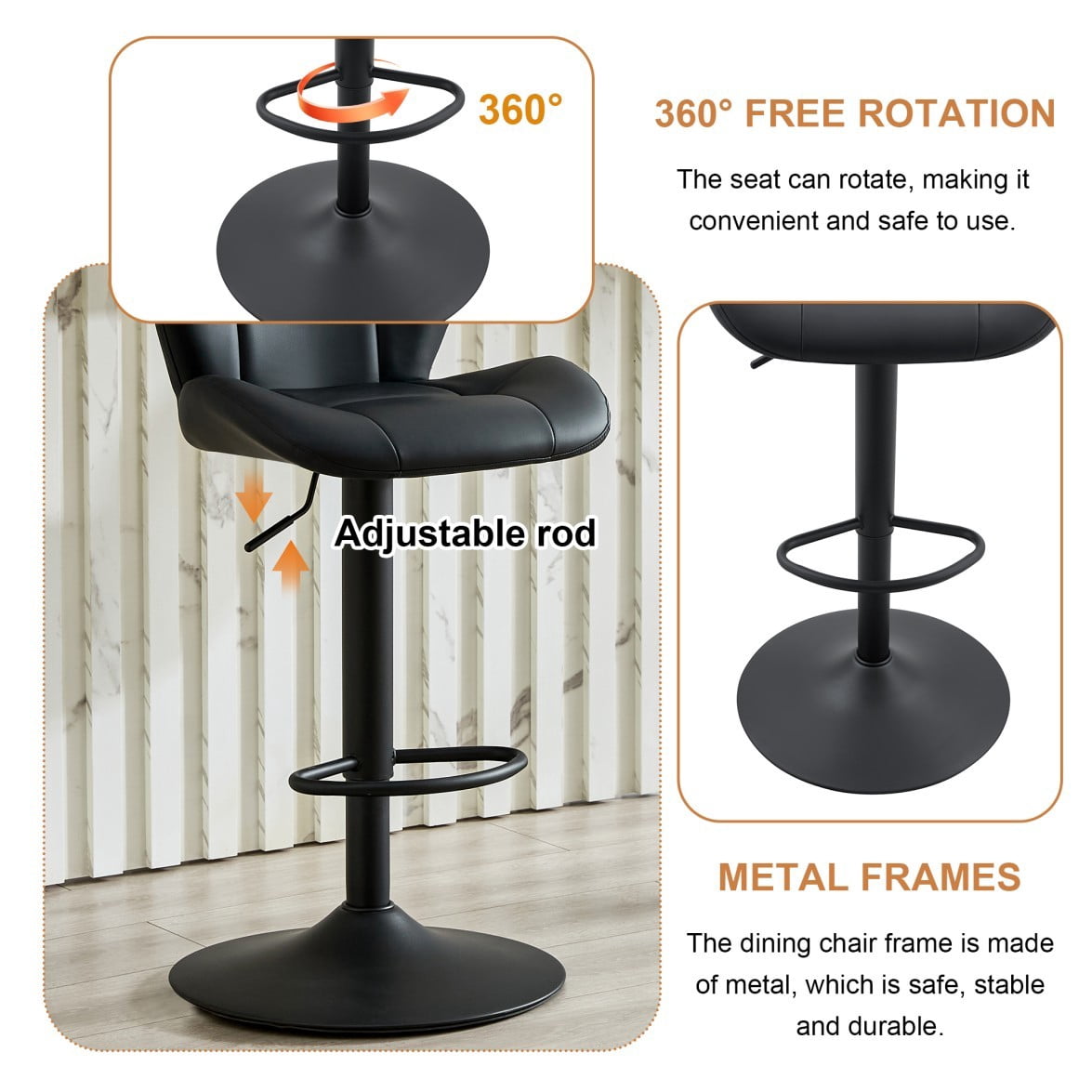 Set of 2 Adjustable Bar Stools, PU Tufted Counter Height Chairs with Metal Base & Footrest for Kitchen Island, Bar & Pub, Black