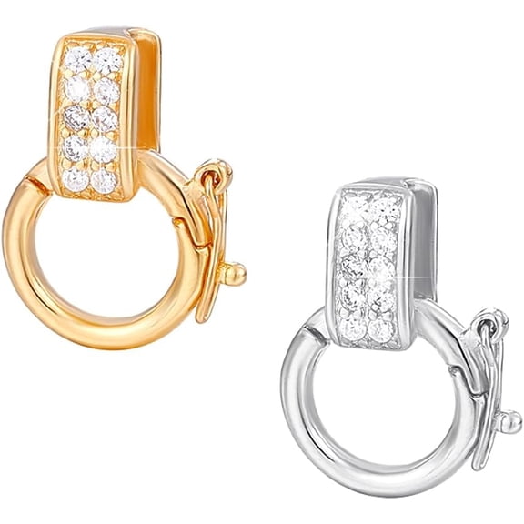 2pcs 925 Sterling Silver Enhancer Clasps 14x11mm Jewelry Clasps Cubic Zirconia Clasps Connector Bracelet Clasp Pendant Bail Clasps for DIY Necklace Jewelry Crafts Making Golden/Platinum