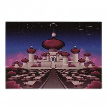 Fantasy Cutting Board, Castle at Night Oriental Palace Landscape Illustration, Decorative Tempered Glass Cutting and Serving Board, Small Size, Indigo Magenta Pink, by Ambesonne