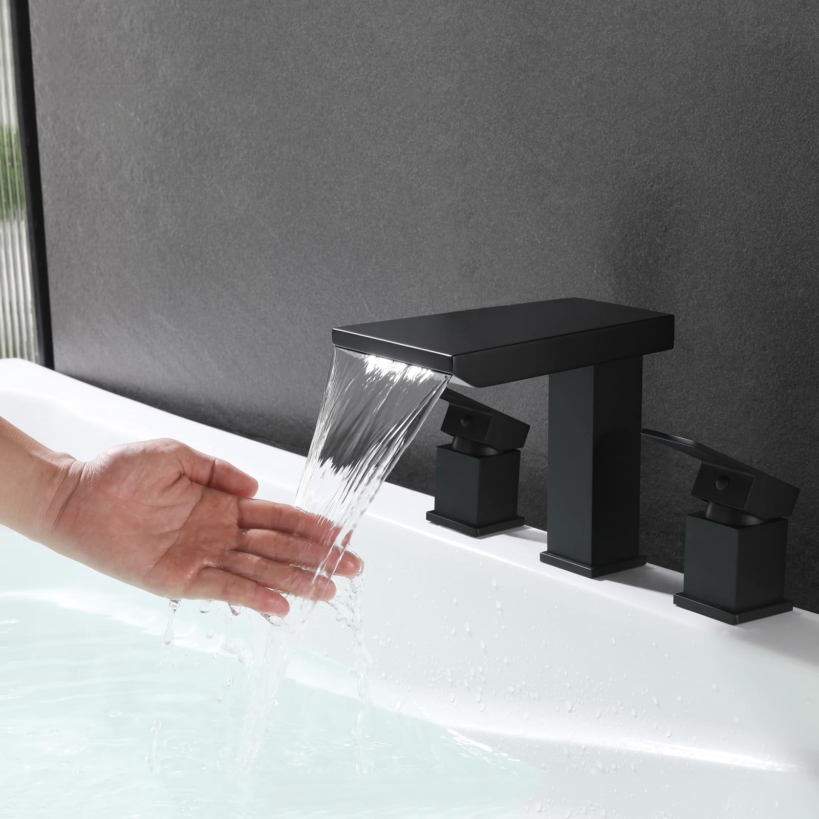 Waterfall Roman Bathtub Faucet Black Brass 3 Holes Deck Mount