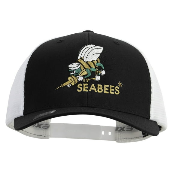 US Navy Seabees Embroidered Flexfit 2 Tone Mesh Cap - Black White OSFM