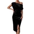 thumbnail image 2 of Women'S Off the Shoulder Asymmetrical Velvet Midi Dress Short Sleeve Ruched Elegant Party Dresses, 2 of 8