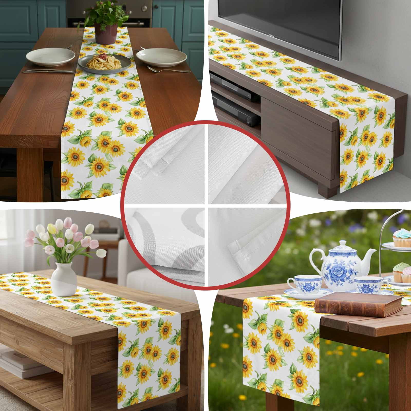 Yellow Sunflower Farm Green Plant Table Runner 90 Inches Long, Summer Blossom Floral Table Runners Tabletop Scarf Kitchen Dining Tables Decoration for Home Party Indoor Outdoor