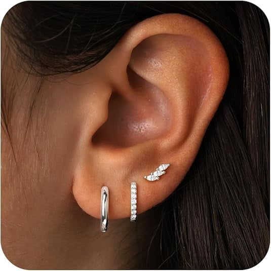 Yomhary 3 Pair Small Sterling Silver Post Cubic Zircon Hoop Earrings Set for Women, Silver,Multiple Piercing Hypoallergenic