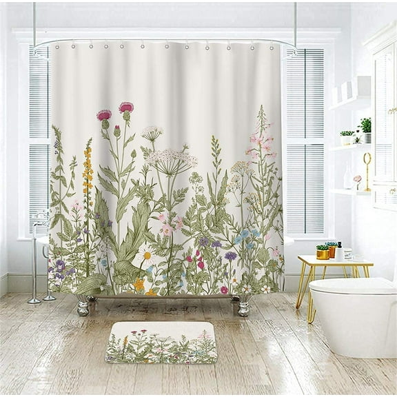 Wildflower Botanical Shower Curtain for Bathroom Decor 72Wx72H Inch Floral Flower Plant Herbs Sage Green Leaves Decorative Bath Set Bathroom Accessories Fabric Waterproof 12 Pack Hooks